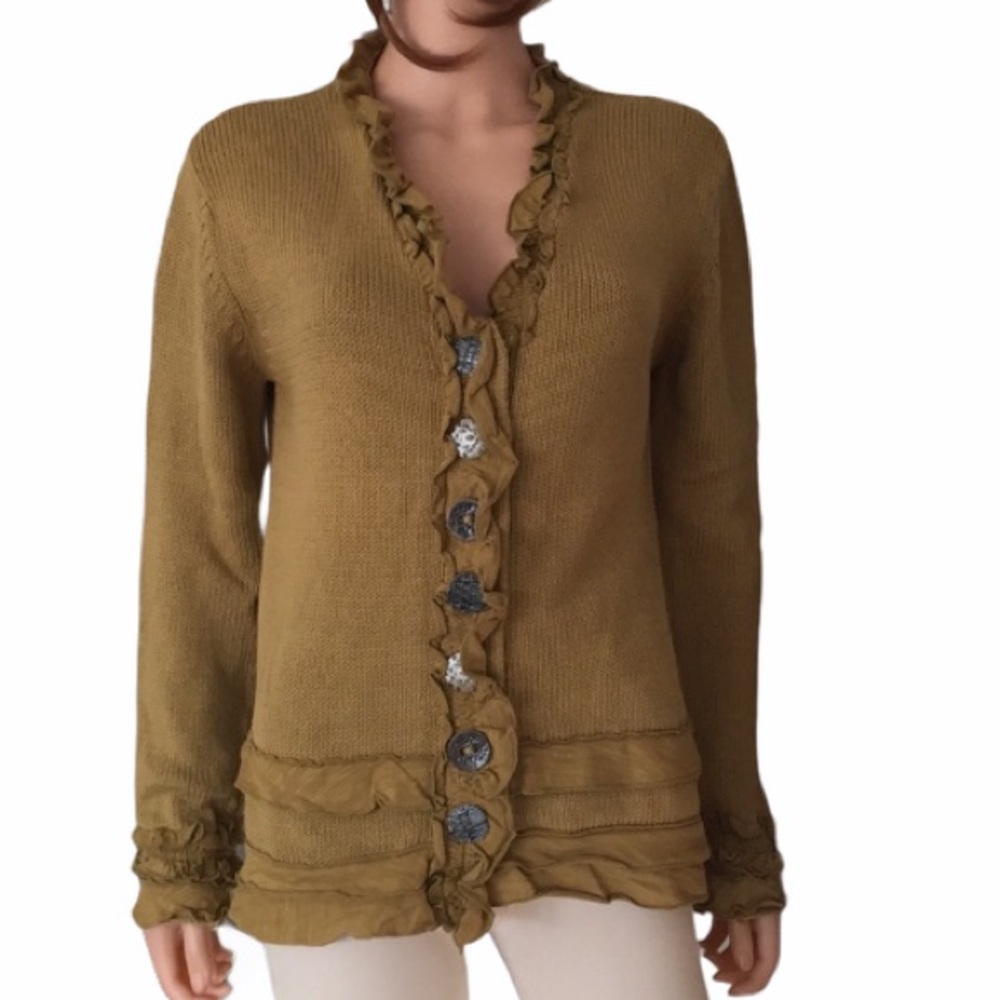 NWT Pure Handknit Olive Green Ruffle Cardigan Sweater